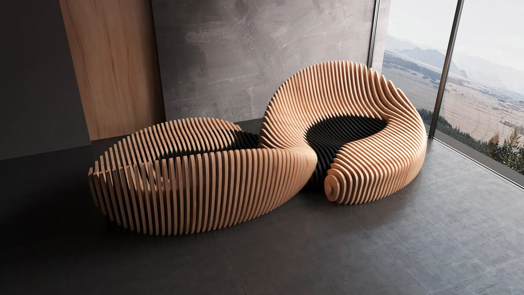 Two Wave Armchairs in a Lobby Setting